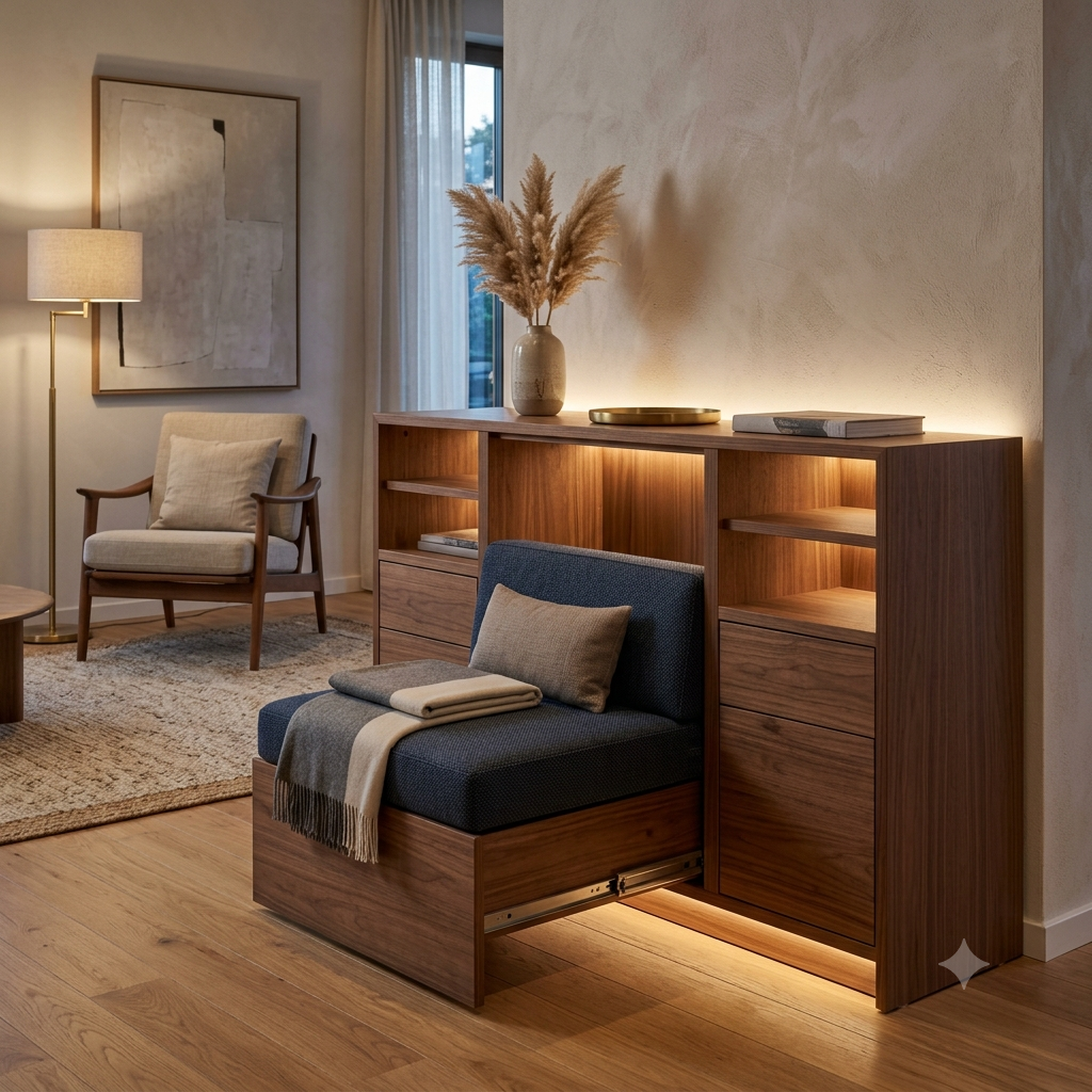 Side cabinet with built in pull out seating, versatile storage and guest seating in one piece